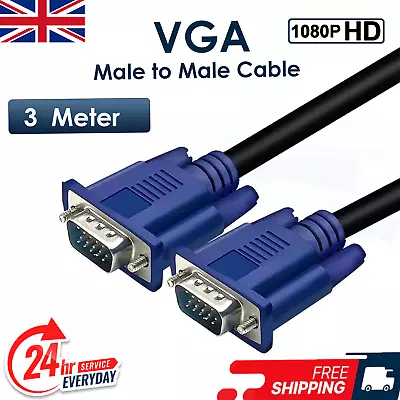3M VGA SVGA 15 Pin Male To Male Cable Lead Blue PC TFT LCD Monitor TV Laptop • £2.99