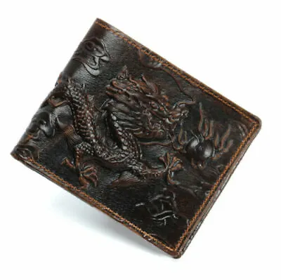 Brown Genuine Leather Men's Wallet Dragon Bifold Wallet Card Holder Purse Gift • $21.99