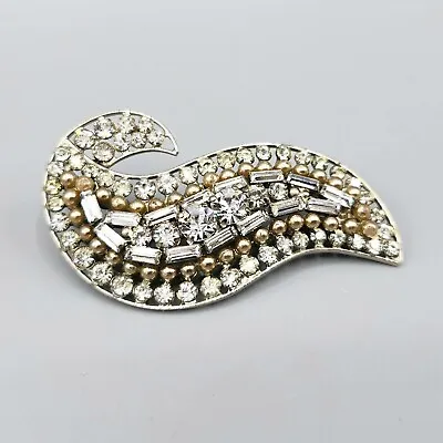 Vintage Austria Clear Baguette Crystal Faux Champagne Pearl Paisley Swirl Brooch • $46.24