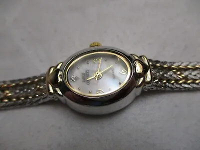Sarah Coventry Watch Silver & Gold Toned Band Oval Shaped Mother Of Pearl Face • $84