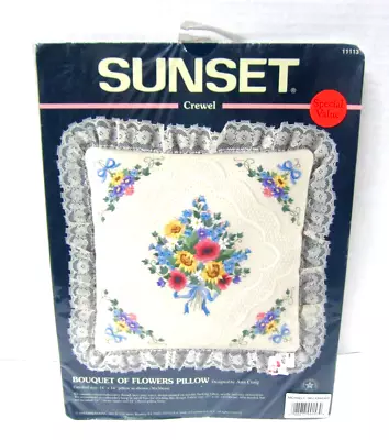 Vintage 1998 Sunset Crewel Bouquet Of Flowers Lace Pillow Kit 14  X 14  New • $11.95