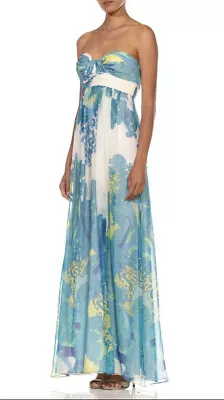 Aidan By Aidan Mattox Blue And White Silk Chiffon Strapless Maxi Dress Size 12 • $99