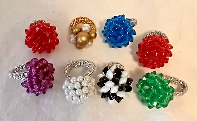 8 Vtg Green Blue Red Purple Pearl Cluster Beaded Cha Cha Crochet Stretch Rings • $17