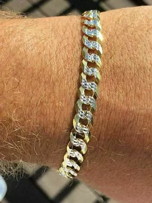 Mens Cuban Bracelet Diamond Cut Two Tone Solid 925 Silver 14k Gold Plated Italy • $55.15