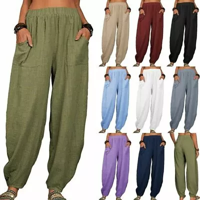 Womens Elastic Waist Cotton Linen Harem Pants Ladies Baggy Trousers Plus Size UK • $16.62