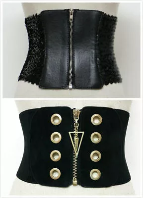 Women Tassel Sequin Wide Elastic Buckle Belt Corset Girdle Zipped Waistband • £7.99