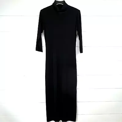 MISOOK XS Stretch Woven Knit Turtleneck Side Slit Maxi Dress Black Pencil • $75.38
