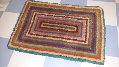 £75 • Buy 1970s Rug Rainbow Coloured Hand Made Latch Hook Wool Rug 35  X 23 