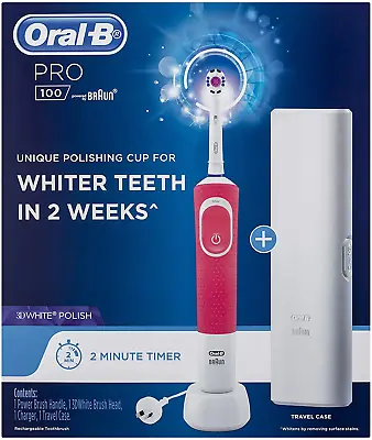 $47.99 • Buy NEW Oral B Pro 100 3D White Polish Rechargeable Electric Toothbrush Pink - AU