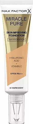 Max Factor Miracle Pure Foundation SPF30 24H Hydration 44 Warm Ivory 30ml • £10.99