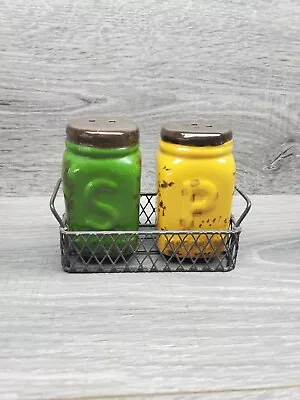 Green & Yellow Mason Jar Salt & Pepper Shakers With Stoppers In Wire Holder.  • $13