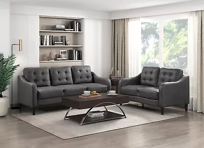 2 Pc Tufted Grey Gray Polished Microfiber Sofa Loveseat Livingroom Furniture Set • $899