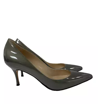 Manolo Blahnik Pewter Gray Patent Leather BB Pumps Heels Shoes Size 37.5 - 7 • $99.99