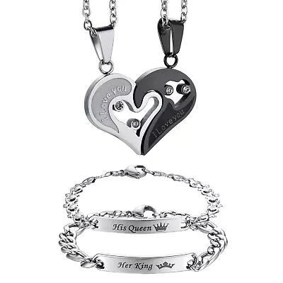 I Love You Heart Pendant Chain Necklace Crown Bracelet Lover Couple Jewelry Set • $14.99
