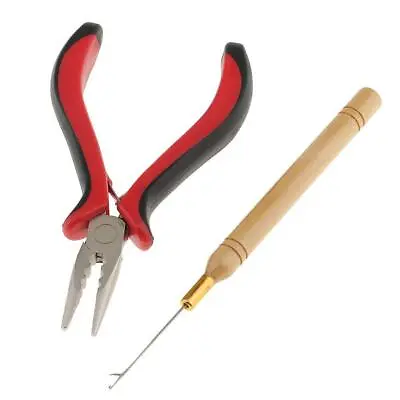 Hair Extensions Pliers With Wooden Pulling Hook Set For Silicone Micro Ring Loop • £7.88
