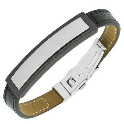 Stainless Steel Black Leather White Gold Silver Chrome Tone Mens Bracelet • $17.99