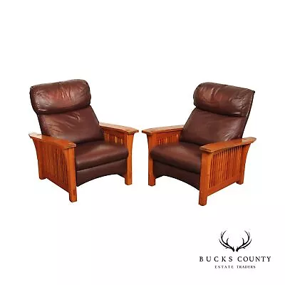 Stickley Mission Collection Pair Of Cherry And Leather Spindle Morris Recliners • $4695