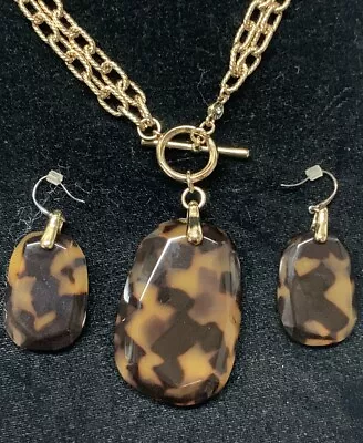 Vintage MONET Tortoise Shell Lucite Pendant 17” Double Chain Earrings Nice Set • $59.99