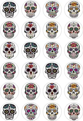 24 Mexican Sugar Skulls Halloween Cupcake Toppers Edible Wafer Paper Decorations • £2.99