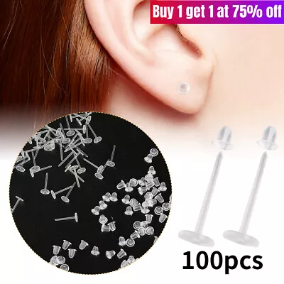 100x Invisible Plastic Earring Pins & Anti-Allergy Rubber Studs Jewellery Retain • £3.09