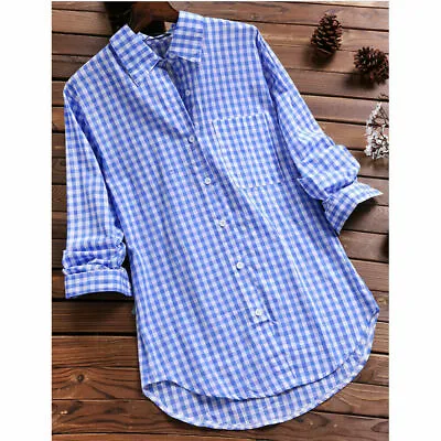 Plus Size Womens Ladies Long Sleeve Check Plaid Loose Casual Shirt Tops Blouse • £13.79