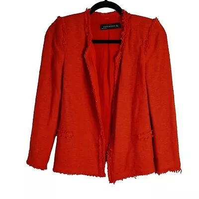 ZARA Red Tweed Cotton Blazer With Silver Buttons And Shoulder Pads Size M • $30