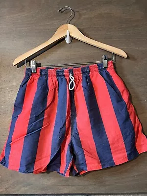 Oakton Limited Mens Vintage Swim Trunks Navy Red Striped Size Medium Lined Euc • $13.99