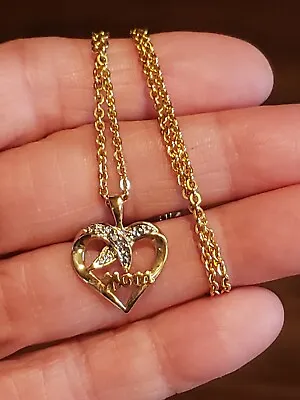 Solid 10k Gold  Mom  Diamond Accents Heart Pendant W 12KGF Chain Necklace • $55