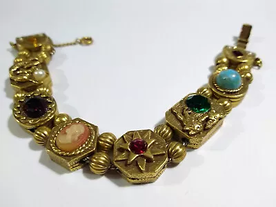 VTG Signed Goldette NY Double Chain Slide Bracelet Charms Cameo Melon Beads 7    • $75