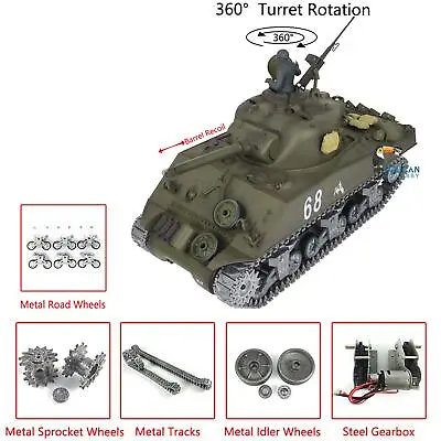 Henglong 1/16 7.0 Customized M4A3 Sherman RC Tank 3898  Barrel Recoil 360 Turret • $250.11