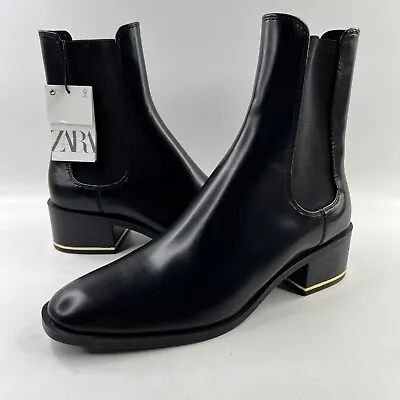 $47.50 • Buy Zara Boots Womens 8 Black Leather Ankle Slip On Gold Trimmed Heel NWT