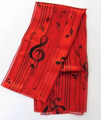 Women's Long Silk Feel Scarf Red W Black G Clef Music Notes Treble Band Musician • $11.99