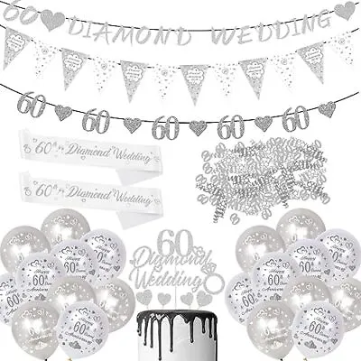 £16.84 • Buy 60th Wedding Anniversary Decorations 60th Diamond Wedding Glitter Banners Silver