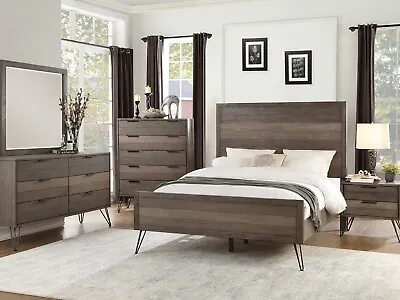 5 Piece Modern Queen King Bedroom Set Furniture In Gray Tone Brown Finish IA4V • $1945.82