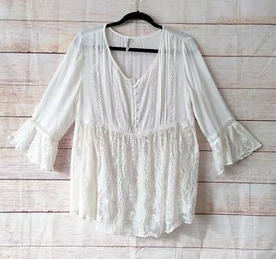 Monoreno Size Small Tunic Top Bell Sleeve Boho Embroidered Mesh Blouse Oversized • $25.50