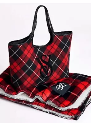 Victoria's Secret Tartan Red Plaid Tote Bag & Cozy Blanket *2 Piece Set* New • $38.99