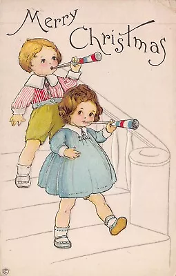 CUTE CHILDREN BLOWING HORNS-MERRY CHRISTMAS~1910s STECHER EMBOSSED POSTCARD • $4.27