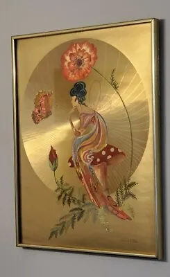 Vintage 1970s Michelle Emblem Foil Painting - Poppy Nymph Hand Painted & Signed • $525