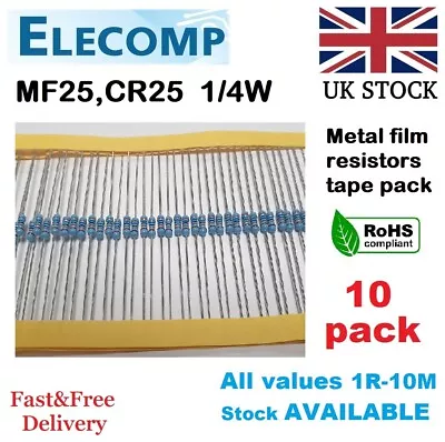 MF25 1/4W Resistors 1% All Values (0R-1K-10M) 10 Pack KIT UK StockFree Postage • £3.45