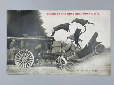 1915 PRAAG Wisconsin STEAM ENGINE Tractor Farm THRESHER Auto Postcard Antique • $14