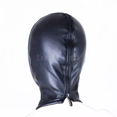 PU Leather Bondage Hood Headgear Head Mask Open Mouth Eye Cosplay Game Zip-up SM • $37.11