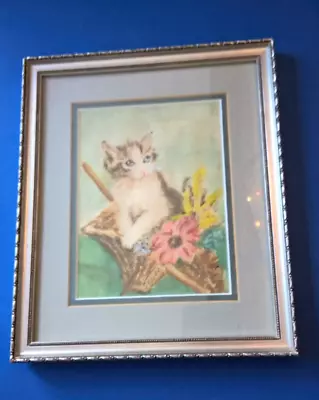 Vintage Original Kitty Cat With Flowers Framed Watercolor Nice!  FREE SHIP • $75