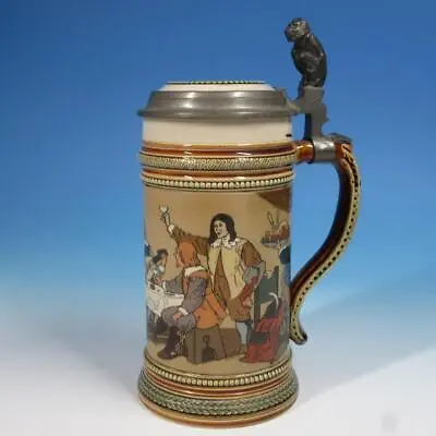 Mettlach Germany -  Antique ½L Beer Stein 2532 - Drinkers With Monkey Finial • $290
