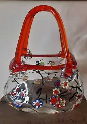 Vintage Blown Glass Clear Millefiori Style Art Glass Purse Sculpture Vase • $32