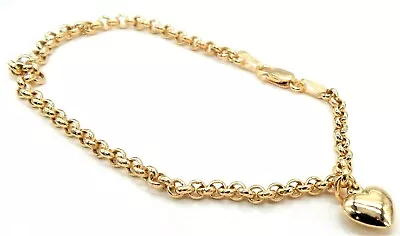 9CT GOLD BELCHER BRACELET HEART CHARM CHAIN 9 CARAT YELLOW GOLD 7.25 Inch LOVE • £154