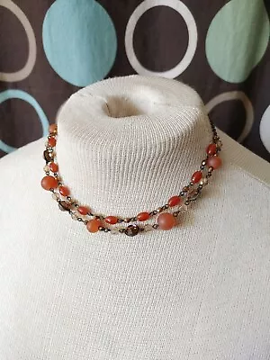 Vintage Necklace Brass Tone Metal Orange Beads Carnelian Glass Signed Kaari Meng • $24.99