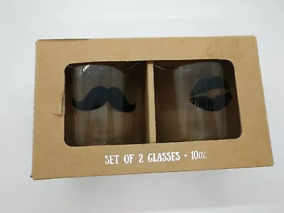 Mustache & Lips Double Old Fashioned Set Of 2 Barware His & Hers Drink Glasses • $16.99