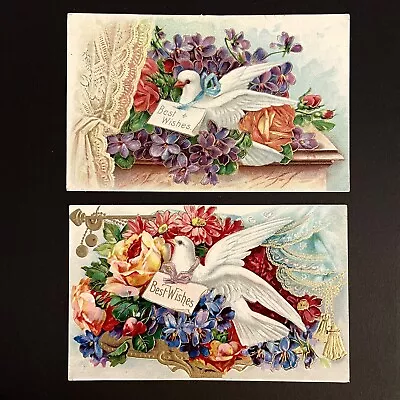 White Dove Flowers  Best Wishes  : 2 Vintage 1910 Postcards Embossed Glossy • $5