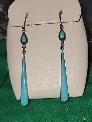 Sterling Silver Turquoise Long Dangling Earrings Marked ATI 925 Mexico • $40