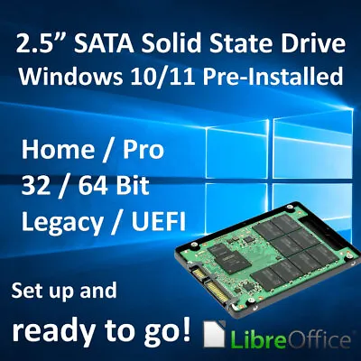 2.5  SATA SSD Windows 10 11 Pre Installed Home Pro 32 64 Bit Laptop Desktop • £24.95